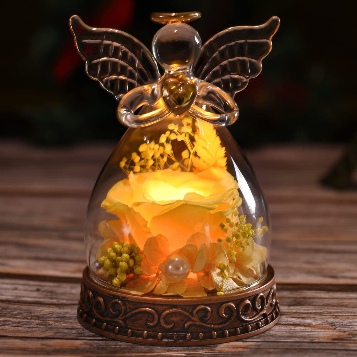 Aastin Preserved Real Rose in Glass Angel Figurine with LED Light Angel Gifts for Women Mom Grandma on Mothers Day Christmas Birthday Yellow
