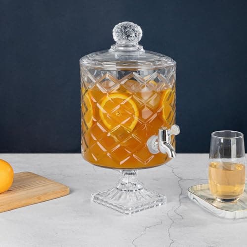 Inovique Enterprises 4.5 Litre Footed Transparent Glass Juice Dispenser with Tap | Mix Designs Detox Jar | Mason Jar Beverage Dispenser for Water, Beer, Juice, Liquor | Pack of 1