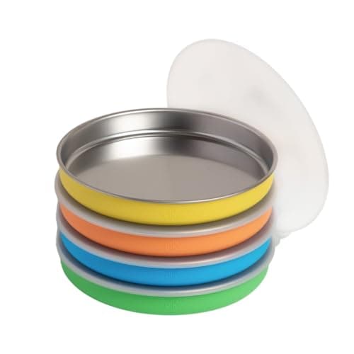 Elk and Friends 78 Stainless Steel Non Divided Plates with Silicone Sleeve Storage Lid Baby Toddler Kids Dishwasher Safe Dinner Snack Plates 4 Pack