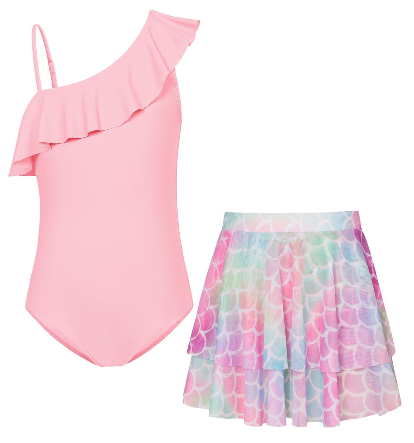 GRACE KARIN Girls Swimsuit Size 10-12 One Piece Bathing Suits with Skirt Swimming Wear Pink
