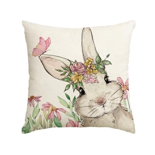 AVOIN colorlife Easter Floral Garland Bunny Throw Pillow Cover, 20 x 20 Inch Spring Rabbit Holiday Cushion Case Decoration for Sofa Couch