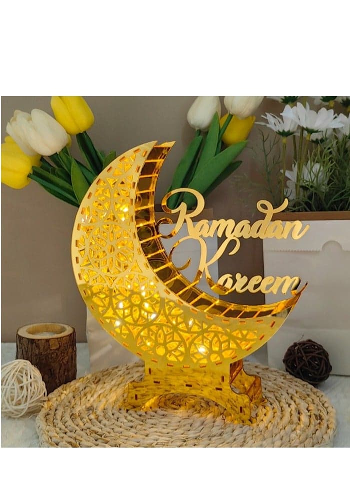 Eid Mubarak Moon Star Ornament with LED Light Acrylic Ramadan Table Decorations Eid Mubarak Gifts Festival Decoration Ornament