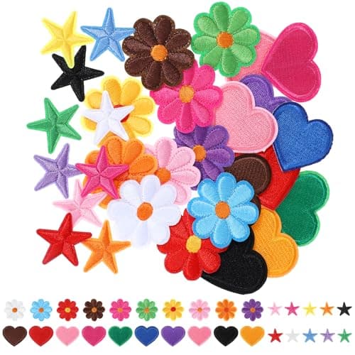 30 PCS Colorful Flower Iron on Patches Heart and Star Iron on Patches for Clothing DIY Embroidered Patches Sew on Embroidered Applique Sewing Patches for Jackets Jeans Backpacks