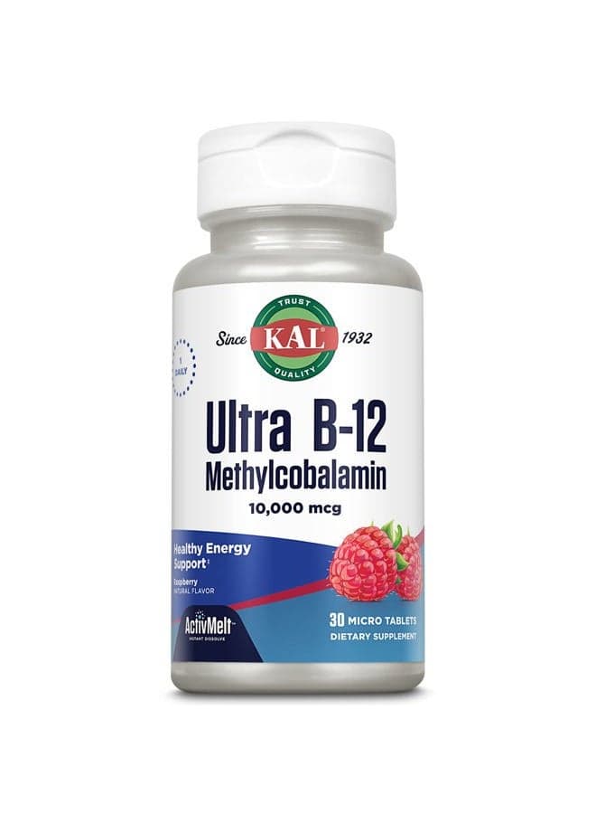Ultra B12 Methylcobalamin 10,000mcg, High Potency Vitamin B-12 for Healthy Energy, Metabolism, Nerve, Red Blood Cell Support,* Natural Raspberry Flavor, Vegetarian, 30 Micro Tablets, 30 Servings