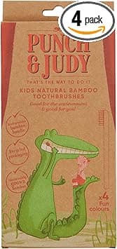 Punch Judy Kids Organic Bamboo Toothbrushes Made with Sustainable Biodegradable Bamboo with Recyclable Packaging 4 Pack Multi Colours