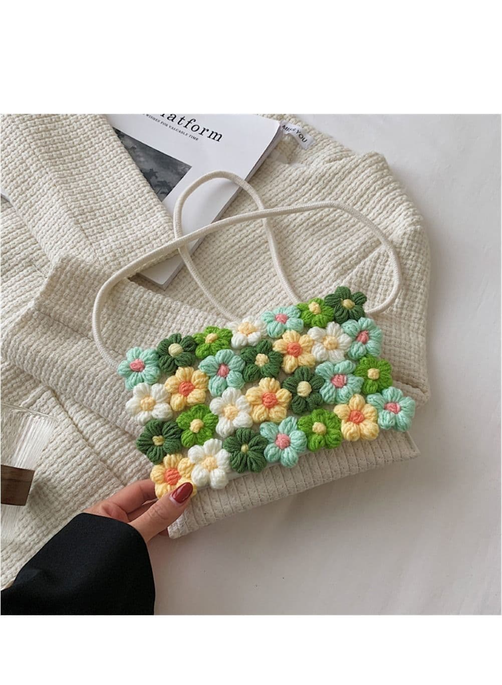 Handwoven Crossbody, Women's Cute Handbag, Small Summer Beach Shoulder Handbag for Women, Rectangle Cotton Handmade Purse with Knitted Flowers