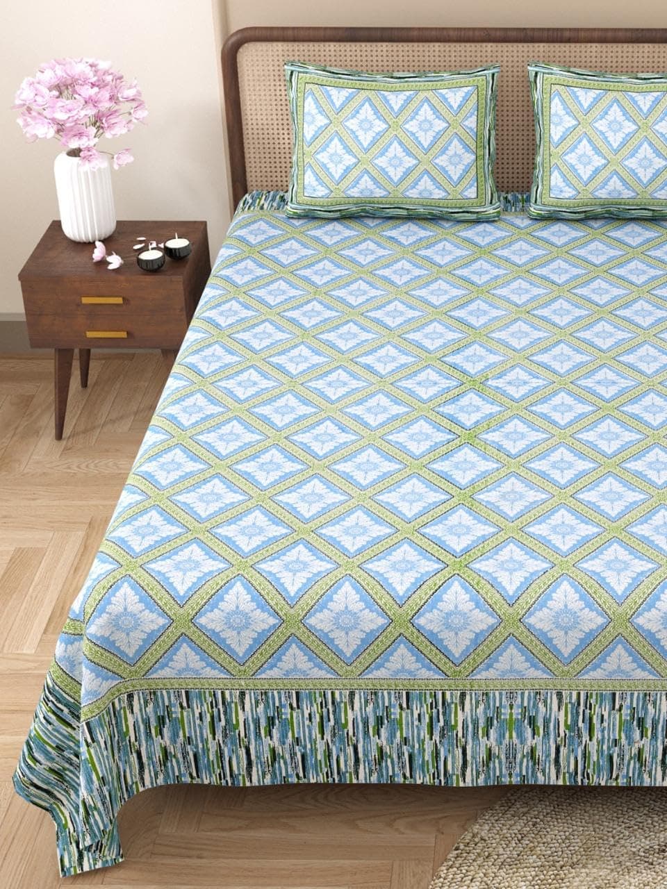 RajasthaniKart Pure Cotton 180 TC King Size BEDSHEET with 2 Pillow Cover - 90X108 (Suitable for King Size Bed Sheet or Double Bed, Blue) PSP132