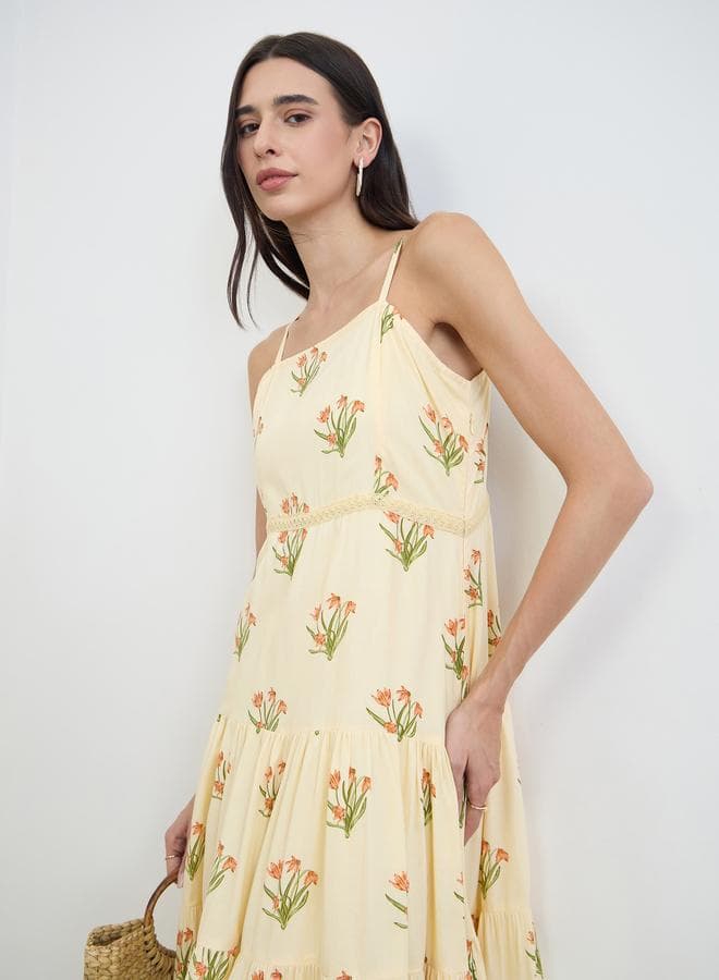 Yellow Floral Strappy Tiered Midi Dress