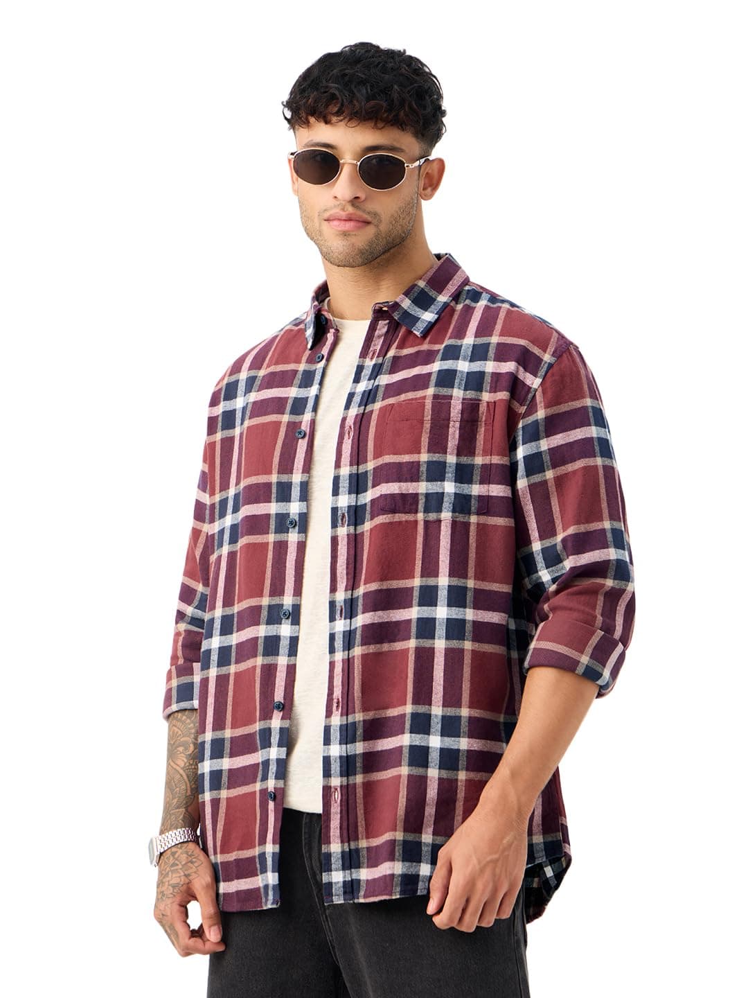 The Souled Store Plaid Shirt: Copper Men and Boys Long Sleeves Collared Neck Button Front Cotton Relaxed Fit Shirts