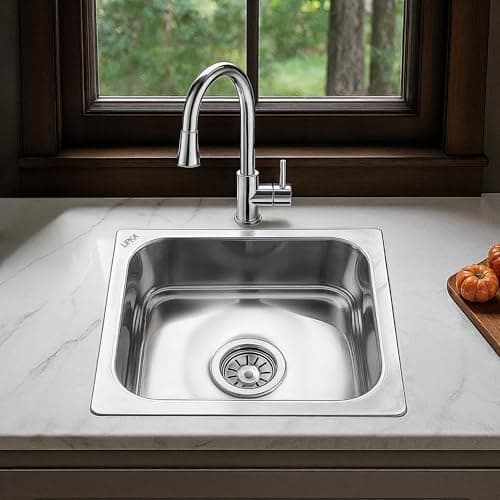 LIPKA Square Single Bowl 15 x 12 x 6 inches Kitchen Sink | Premium Stainless Steel Square Single Bowl Kitchen Sink | Glossy Finish | Kitchen Sink/Sink Coupling/Waste pipe