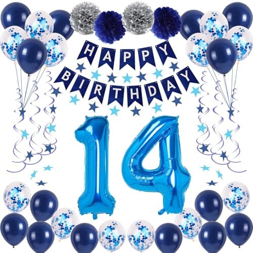 NANINUNENO 14th Blue Birthday Party Decorations for Boys Girls Happy 14 Birthday Balloons Supplies with Happy Birthday Banner 14 Number Balloons Blue Star Streamers Hanging Swirls