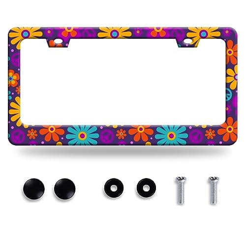 Hippie Flowers License Plate Frame Hippie Peace Floral Sign License Plate Colorful Stainless Steel Auto Parts Funny License Plate Decoration with Screws Size 123x63 Men Women