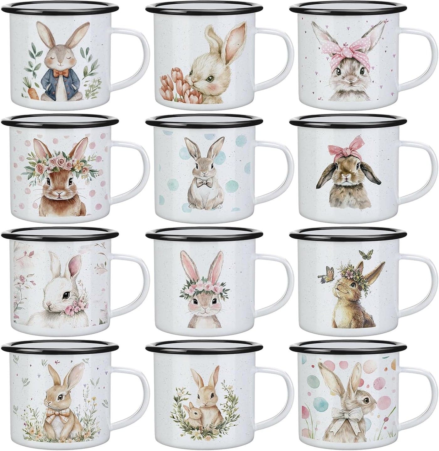Baderke 12 Set Easter Bunny Coffee Mugs 12 oz Easter cup Gift Sets Farmhouse Bunny Enamel Mug for Coffee Tea Drinks Party Supplies