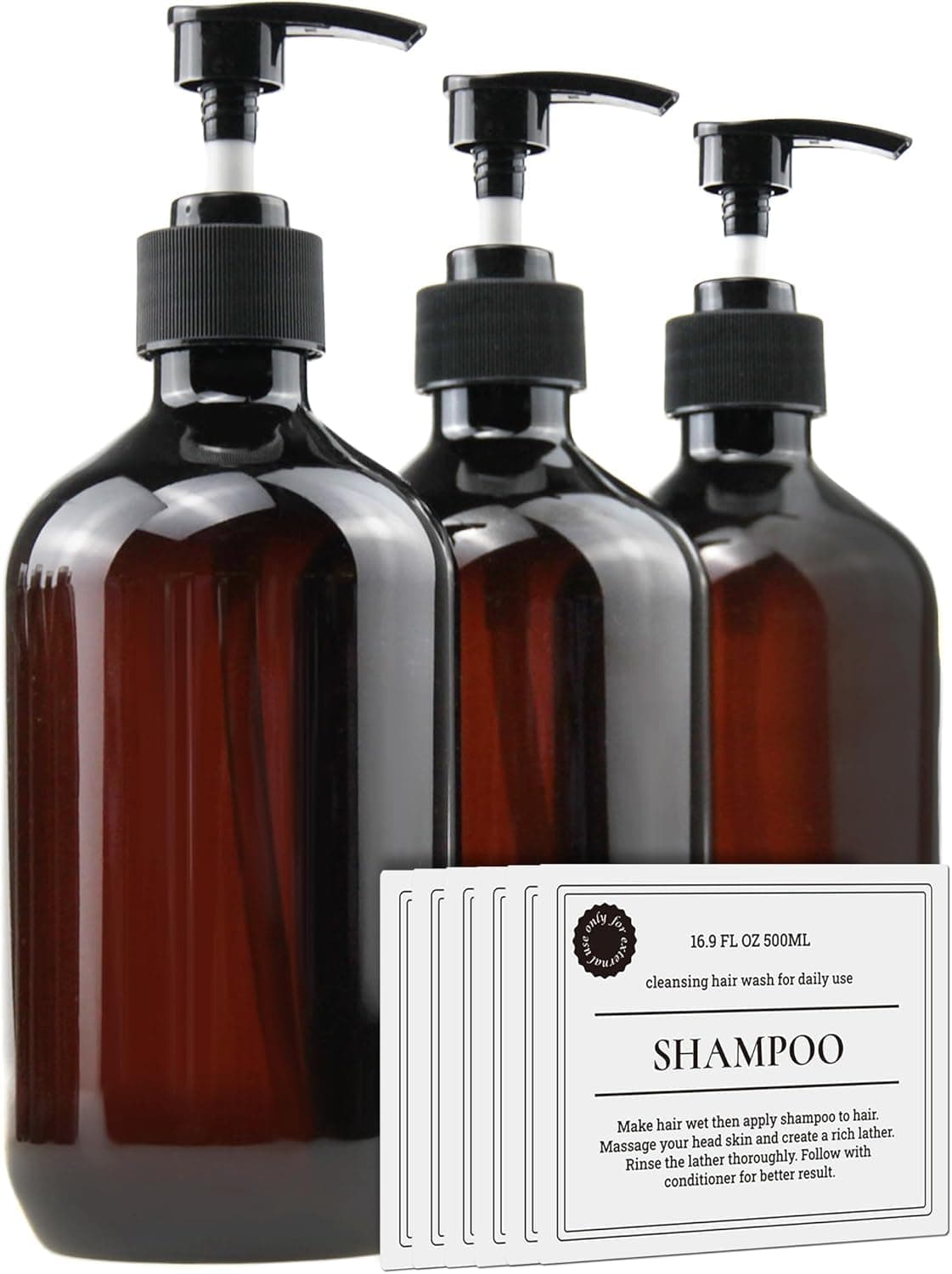 Empty Plastic Bottles with Pump Dispenser and 6pcs Labels Included, Refillable Travel Containers for Hand sanitizer Shampoo Lotion, etc - No BPA/Paraben, 500ml/16.9oz (3 Pack)