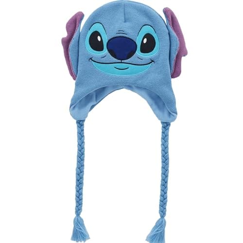Disney Lilo and Stitch Peruvian Winter Beanie Hat, Knitted Stocking Cap with Tassels, Blue
