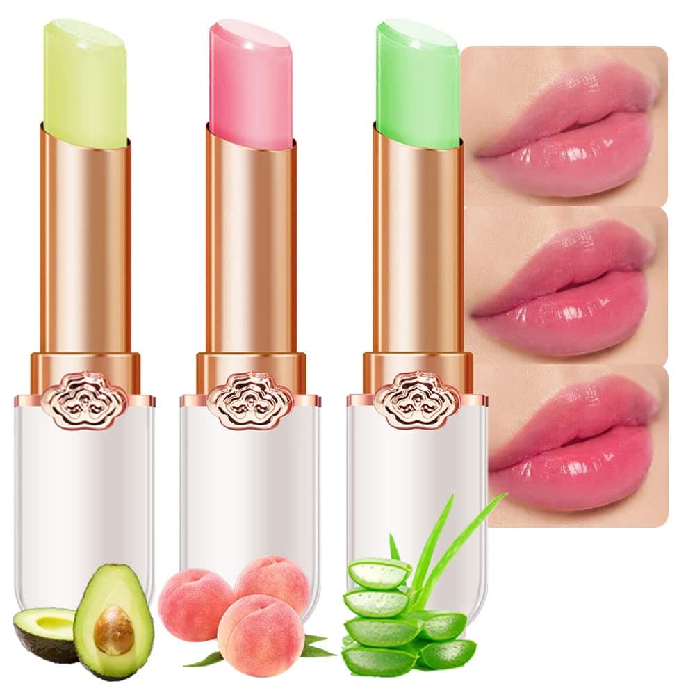 evpct 3Pcs Aloe Vera Avocado Peach Tinted Lip Balms Tint Stain Lipstick for Women PH Color Changing Lipstick Balm Stain Gift Set Queen Girls Korean Mood Long Lasting Color Change Light Pink Lipstick
