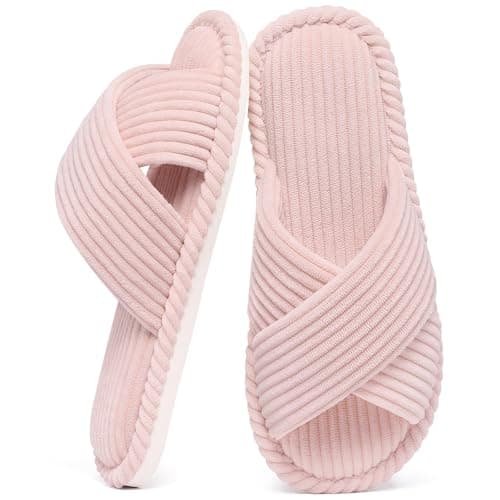 Evshine House Slippers for Women Memory Foam Bedroom Slippers Corduroy Open Toe Slides Shoes Indoor and OutdoorPink 270 Size 7585