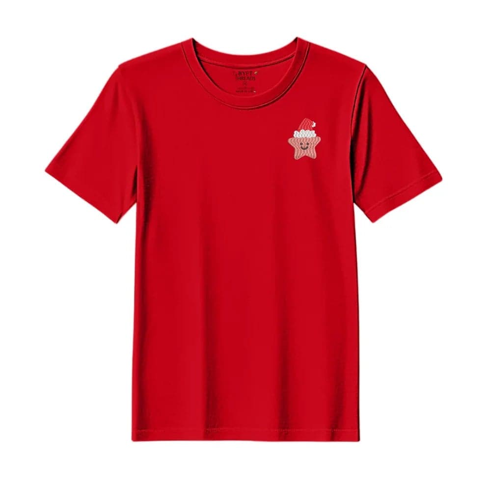 Threads Large Red Polycotton T-Shirt - Christmas "Smiling Christmas Star with Santa Hat" Embroidered Design, Premium Holiday Collection