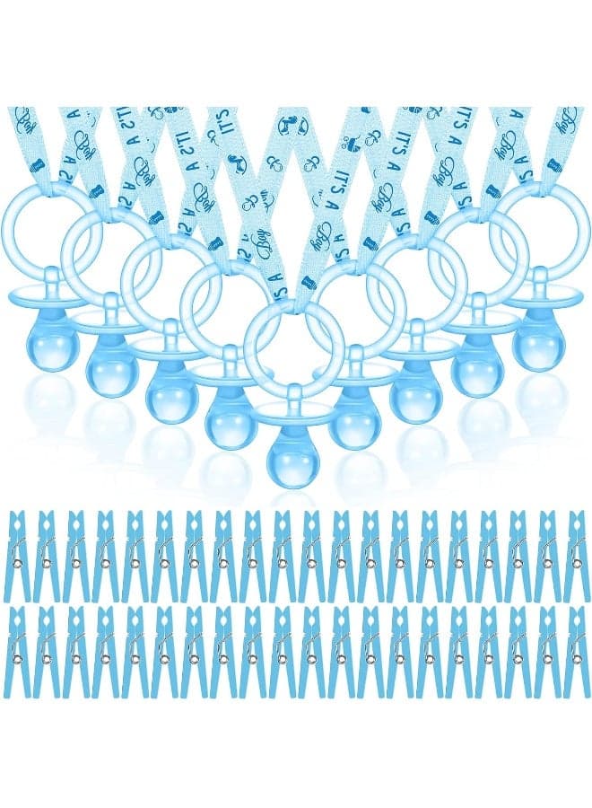 Coume 96 Pieces Baby Shower Decorations Includes 48 Acrylic Baby Pacifiers Necklace Baby Pacifier Party Favors 48 Clothes Pins Plastic Clothespins for Baby Shower Party Supplies (Blue)