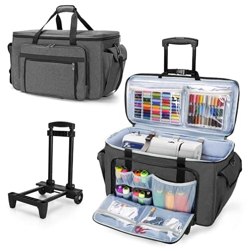 CURMIO Sewing and Embroidery Machine Carrying Case with Wheels, Rolling Embroidery Machine Tote Bag with Bottom Support Board Compatible with Brother SE600, PE535 Embroidery Machine, Gray