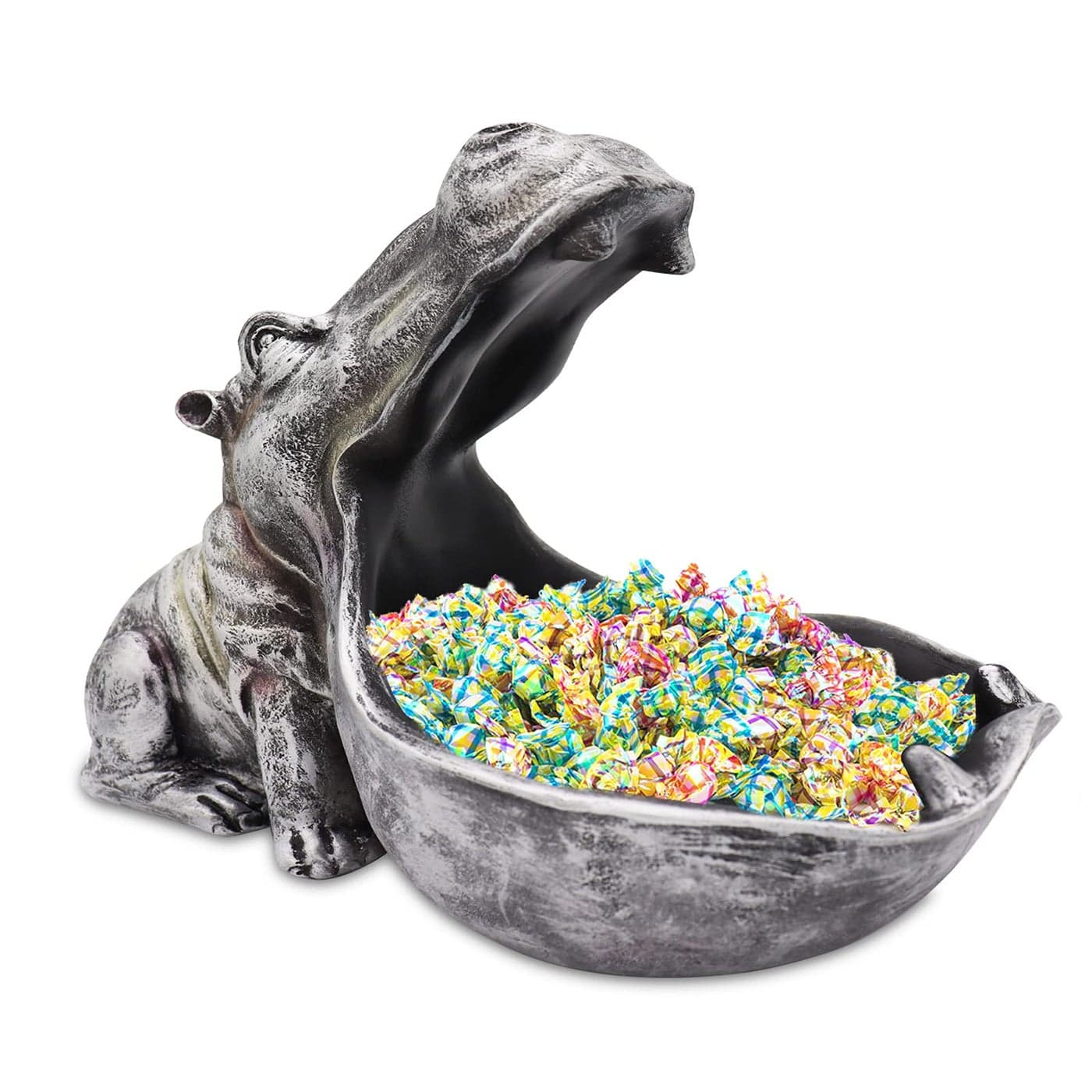 aboxoo Hippo Statue Home Resin Hippopotamus Figurine Fun Candy DishKey BowlBig Mouth Sculpture Table Art Decoration Sundries Container Storage Boxes Grey