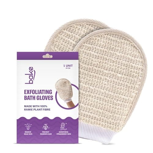BAKE Exfoliating Bath Glove for Dead Skin, Tan Removal, Strawberry Skin, Body Acne & Ingrown Hair | 100% Ramie Plant Fibre, Body Exfoliator for Dry Patches | For Men & Women | 1 Glove (20g)