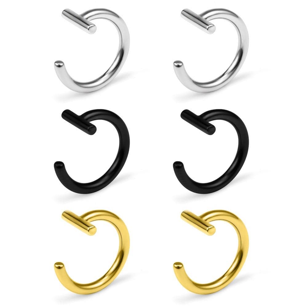 Ruifan 14G T Shaped Stainless Steel Gothic Clip on Non piercing Double Fake Cuff Lip Nose Ring Septum Hoop Women Men 6pcs - Mix Color 1#