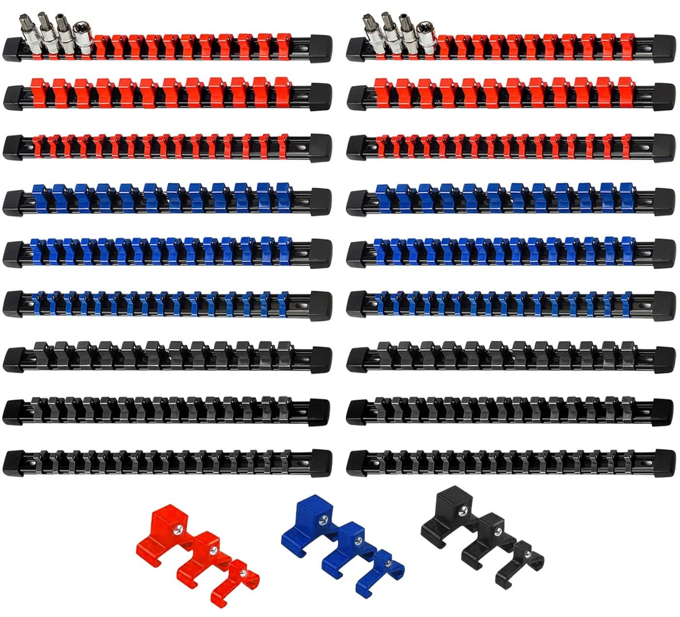 AMM 18Piece Socket Organizer 12 inch 38 inch and 14 inch Drive ABS ToolsSocket HolderHeavy Duty Socket Racks Premium Quality Socket Clip Rail HolderThe best tool trays in the garage