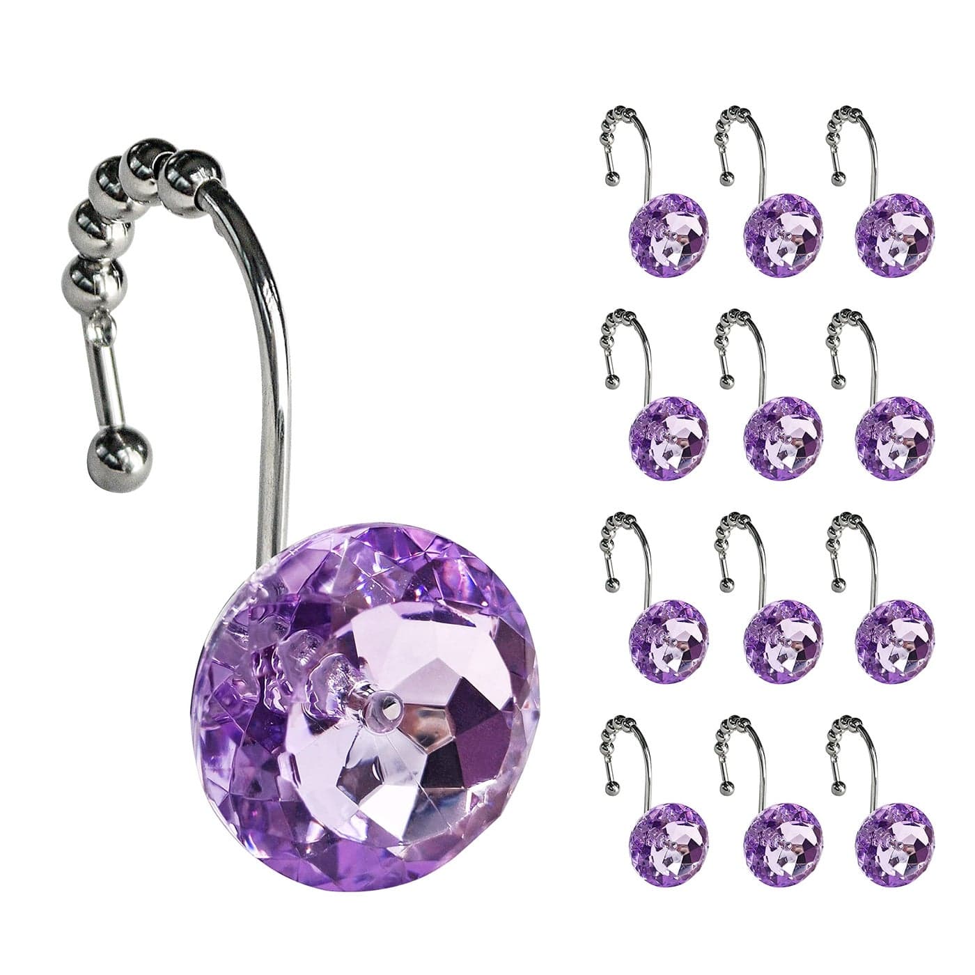 Sunlit Luxury Design Round Purple Diamond Crystal Gem Bling with Glide Balls Shower Curtain Hooks Rust Proof Metal Rhinestones Glam Shower Curtain Rings12 Pack