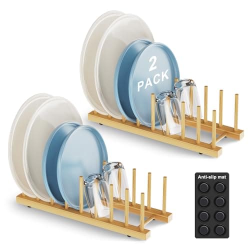Mukylar Bamboo Dish Drying Rack for Kitchen Organizer-Sturdy Plate Rack Organizer with Natural Bamboo, Dish Rack Holds Plates, Cups & Cutting Boards-Dish Drying Rack for Countertop & Cabinets(2 Pack)