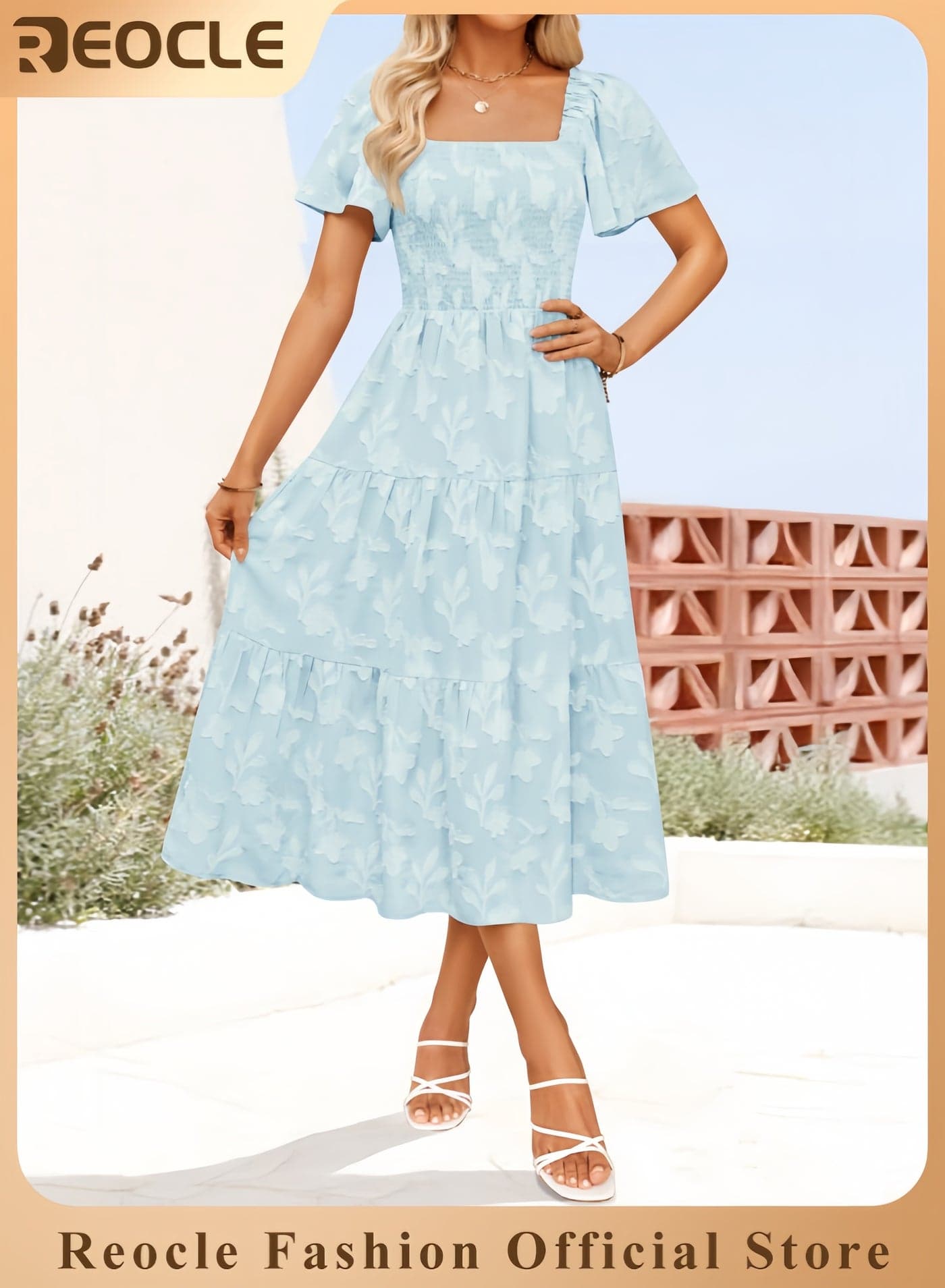 Women's Summer Boho Floral Midi Dresses Casual Short Sleeve Square Neck Flowy Beach Vacation Long Dress