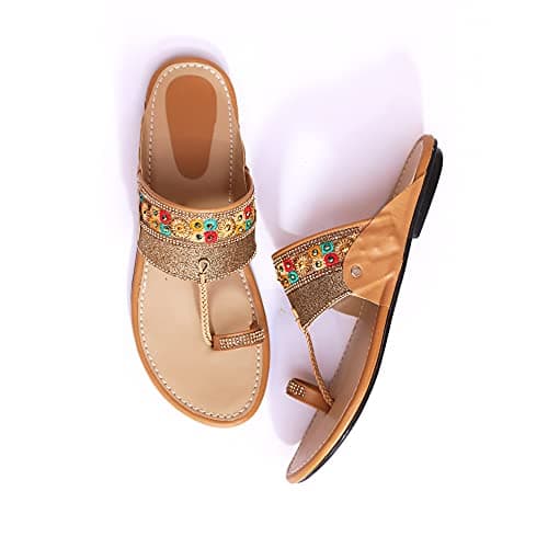 Ladies Hub Kolhapuri Chappal for Women Stylish, Flat Fashion Sandals & Ethnic Slippers for Girls, Beige Color - 7 UK