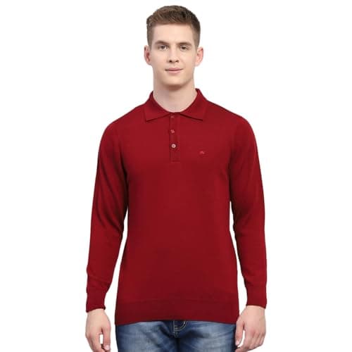 Monte Carlo Mens Solid Maroon Collar Neck Full Sleeve T-Shirt Red XL (Pack of 1)