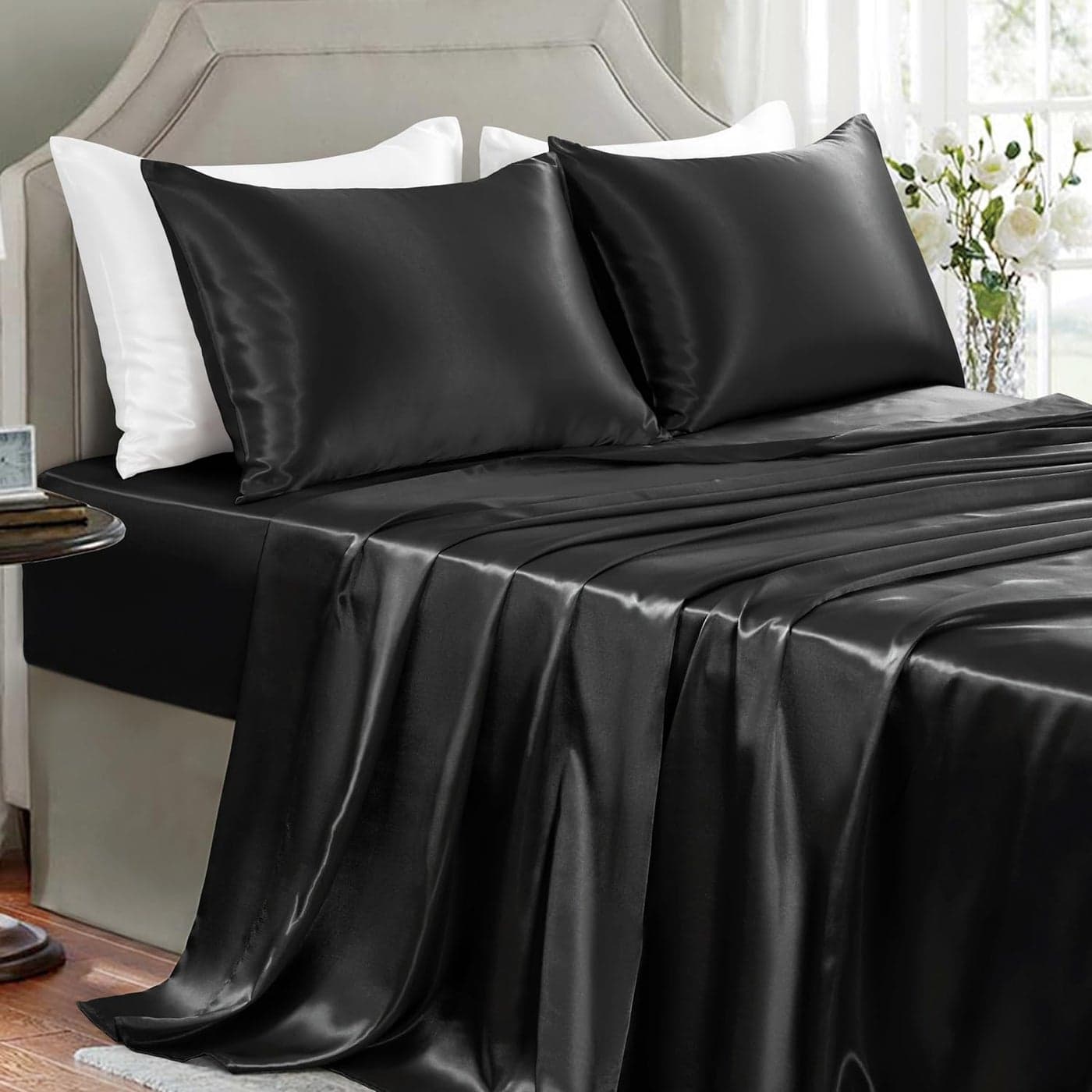 GOLAL Satin Sheets King Size 4 Pieces Luxury Silky Soft Bed Sheets WrinkleFree Black Satin Silk Sheet Set with 1 Deep Pocket Fitted Sheet 1 Flat Sheet 2 Pillow Cases