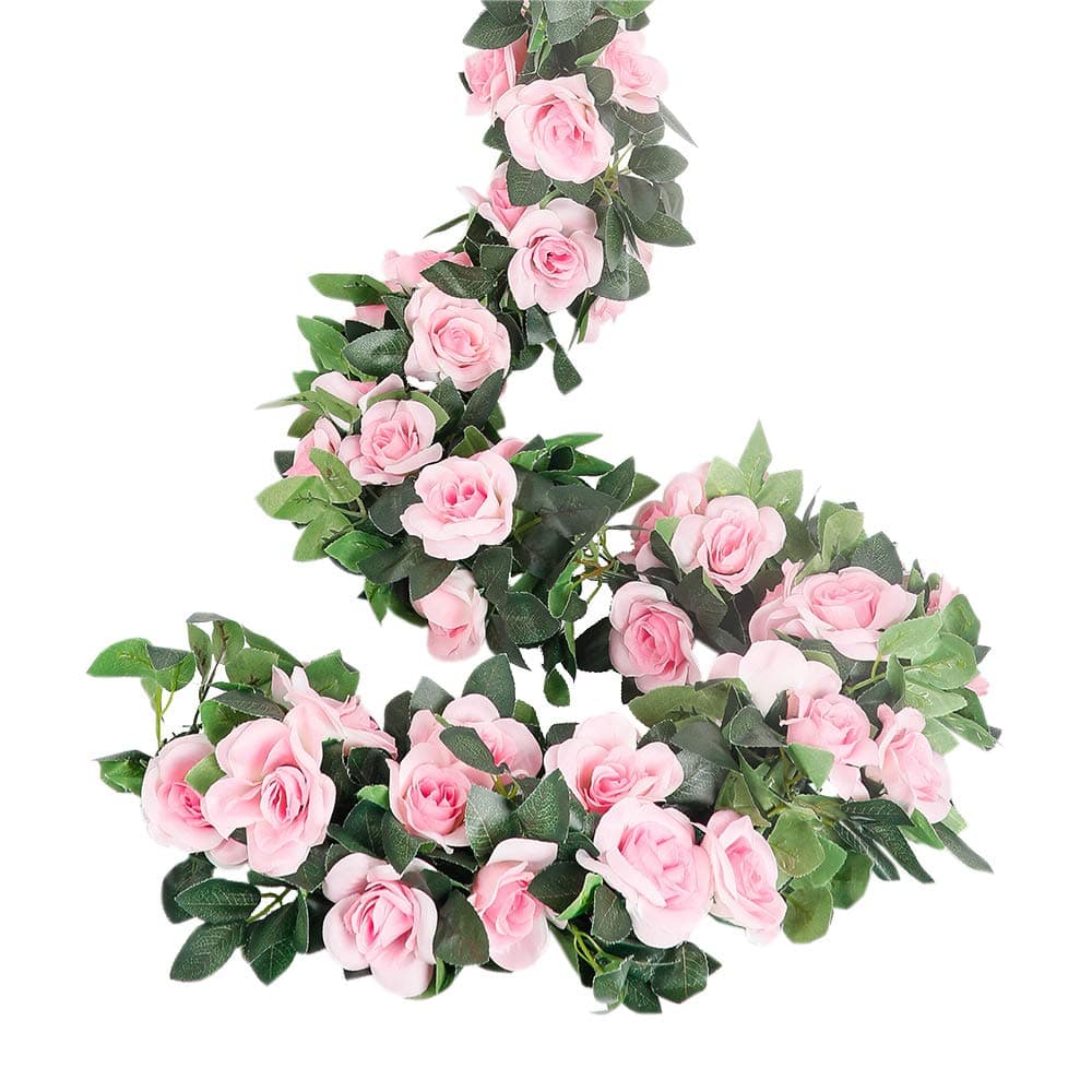 LESING Rose Garlands Artificial Rose Vines4PCS288FT Fake Silk Flower Garlands with Greenery Plants Wedding Hanging Flower Vines Garlands for Home Office Arch Garden Decoration Pink