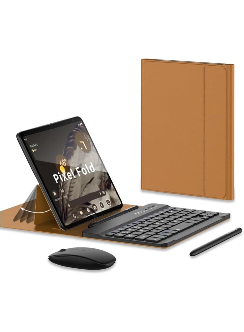 Compatible with Google Pixel Fold Bluetooth Keyboard Set, Leather Keyboard Caseu0026Hoslter 【Keyboardu0026Case+Mouse+Capacitive Pen】, Light Office Set Suitable for Google Pixel Fold Phone