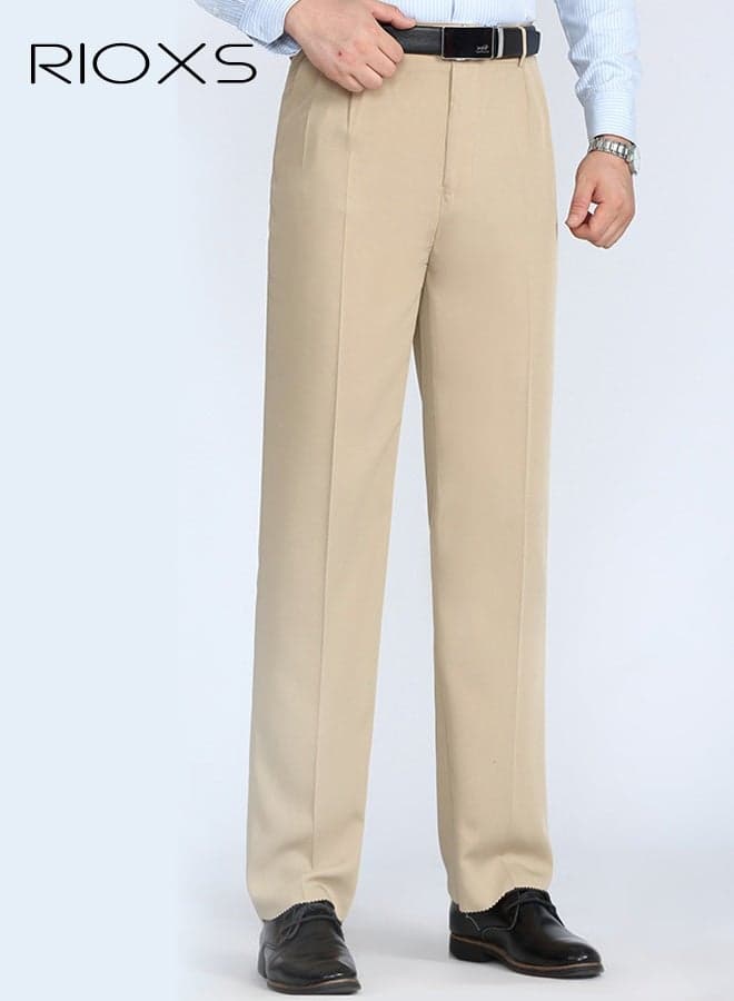 Men's Khaki Pants, Relaxed Fit Mid Rise Business Trousers, Polyester Wrinkle-Free Formal Pants with Deep Crotch, Classic Pleated Office Pants for Men, Comfortable Straight Leg Suit Pants, Spring Summer Autumn Essential Wardrobe