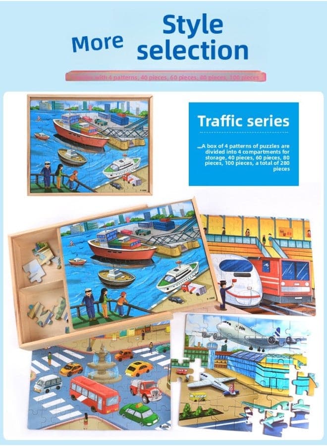 Wooden Cartoon 4 In 1 Wooden Boxed Puzzle Early Education Puzzle Children's Cartoon Characters Puzzle Toys Outlet-Color:Traffic