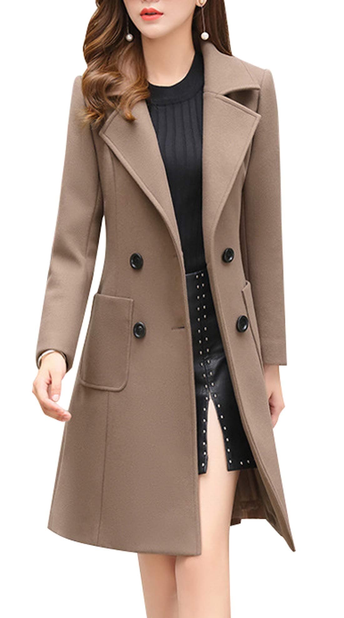 chouyatou Women Elegant Notched Collar Double Breasted Wool Blend Over Coat XXLarge Khaki
