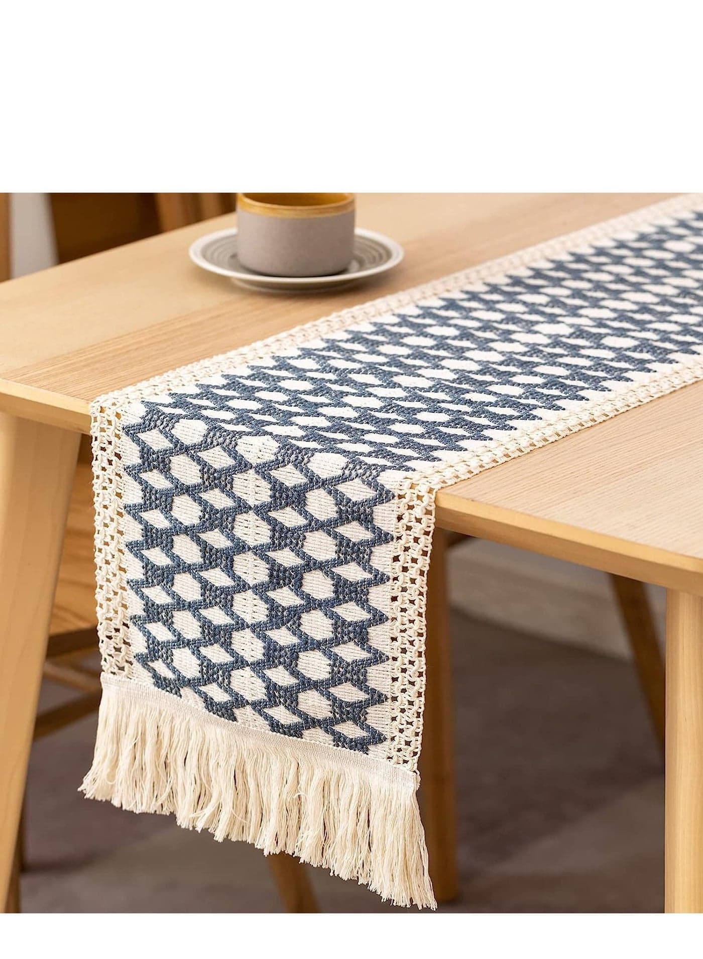 Table Runners 72 Inches Long Boho Runner Splicing Macrame Blue Burlap with Tassels for Bohemian Rustic Wedding Bridal Shower Home Party Kitchen Farmhouse Dining Decor