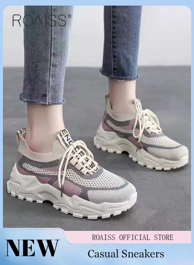 Women Stylish Chunky Sneakers, Versatile Low Top Sneakers with Soft Lining, Lace up Non Slip Platform Shoes, Casual Breathable Sports Shoes for Ladies, Suitable for Daily Wear and Outdoor Activities