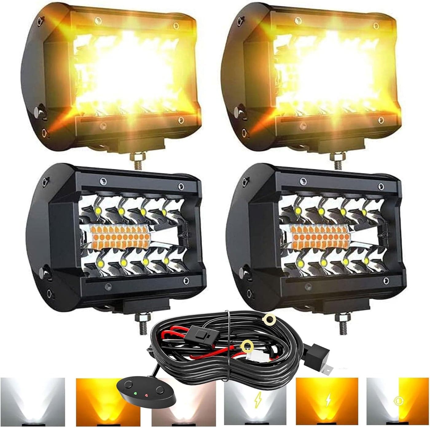 FEELON 4PCS 4-Inch White/Amber Yellow LED Pods - 240W Strobe Light Driving Fog Lights