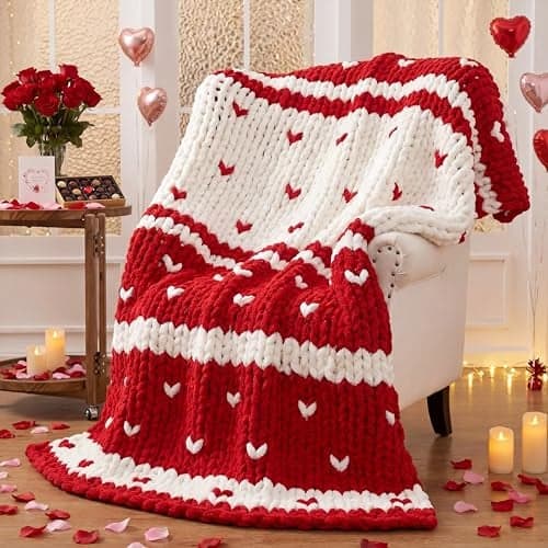 Mindsoft Chunky Knit Throw Blanket Large 50" X 60" Handmade Cream Chenille Loop Yarn Fluffy Soft Knitted Throw Big Cozy Thick Cable Knit Crochet Blanket for Couch Sofa Bed(Red,Heart)