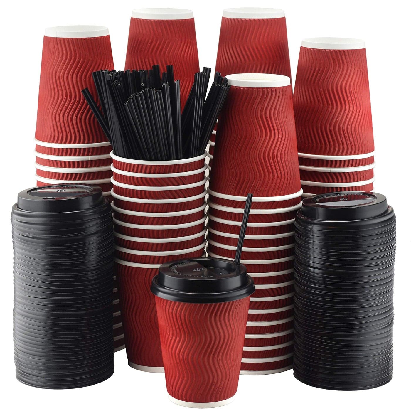 NYHI Red Disposable Paper Cups with Black Lids and Straws 8oz Set of 100