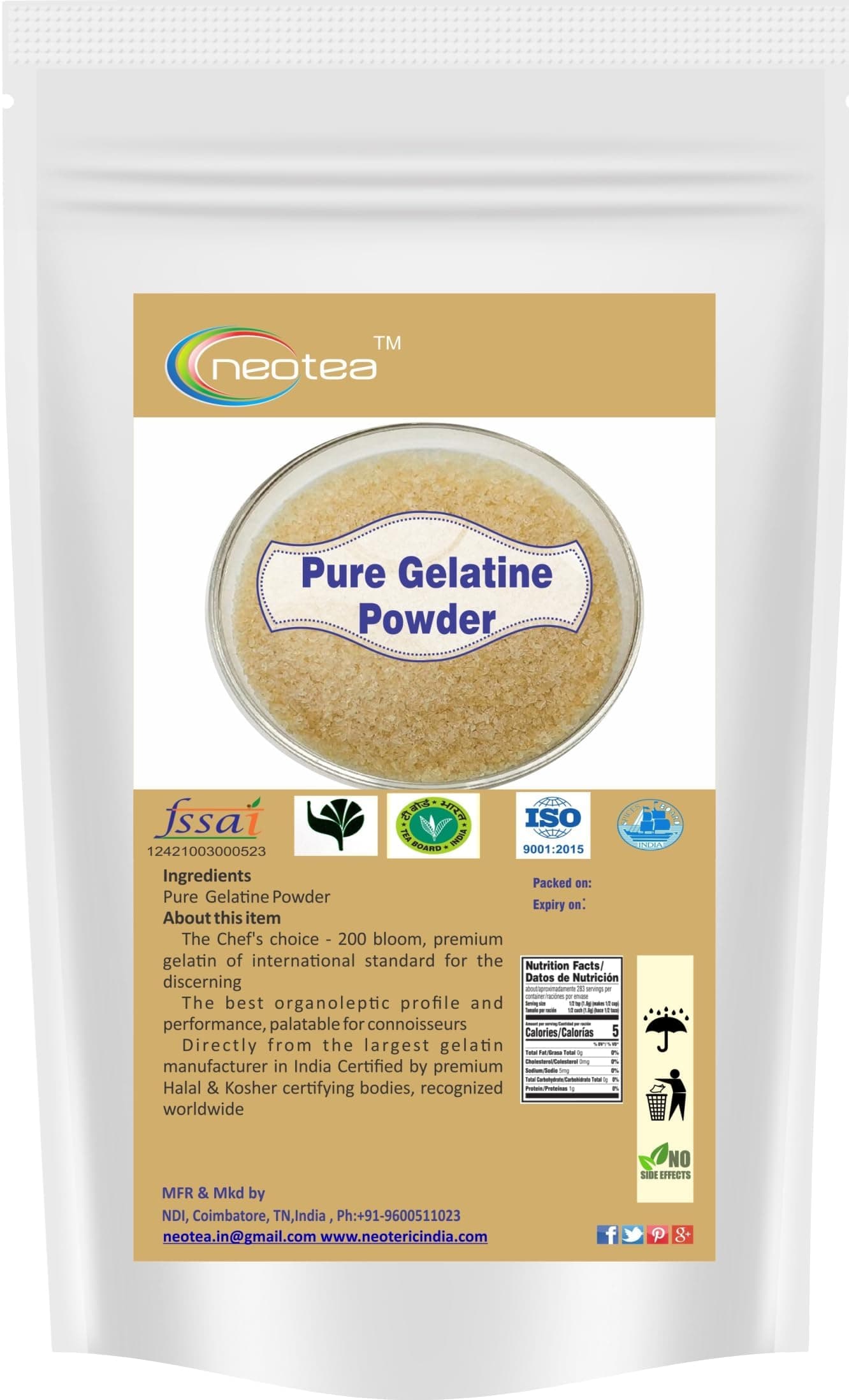 Neotea Pure Gelatin Powder for Jelly Making Food Grade and Face Mask, Gelatin for Cooking, Baking for Candies, Marshmallows, Cakes, Ice Cream, Desserts, Aspic, Corn, and Confections 500 GM | Unflavoured, Premium Gold Gelatine of International Standard for Best Recipes | Directly from Manufacturer