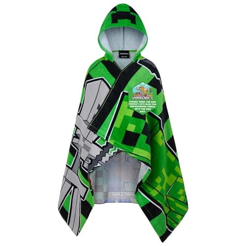 Minecraft Towelling Poncho Kids Teens Hooded Bath Towels Absorbent Beach Towel (Green/Black, 6-14 Years)