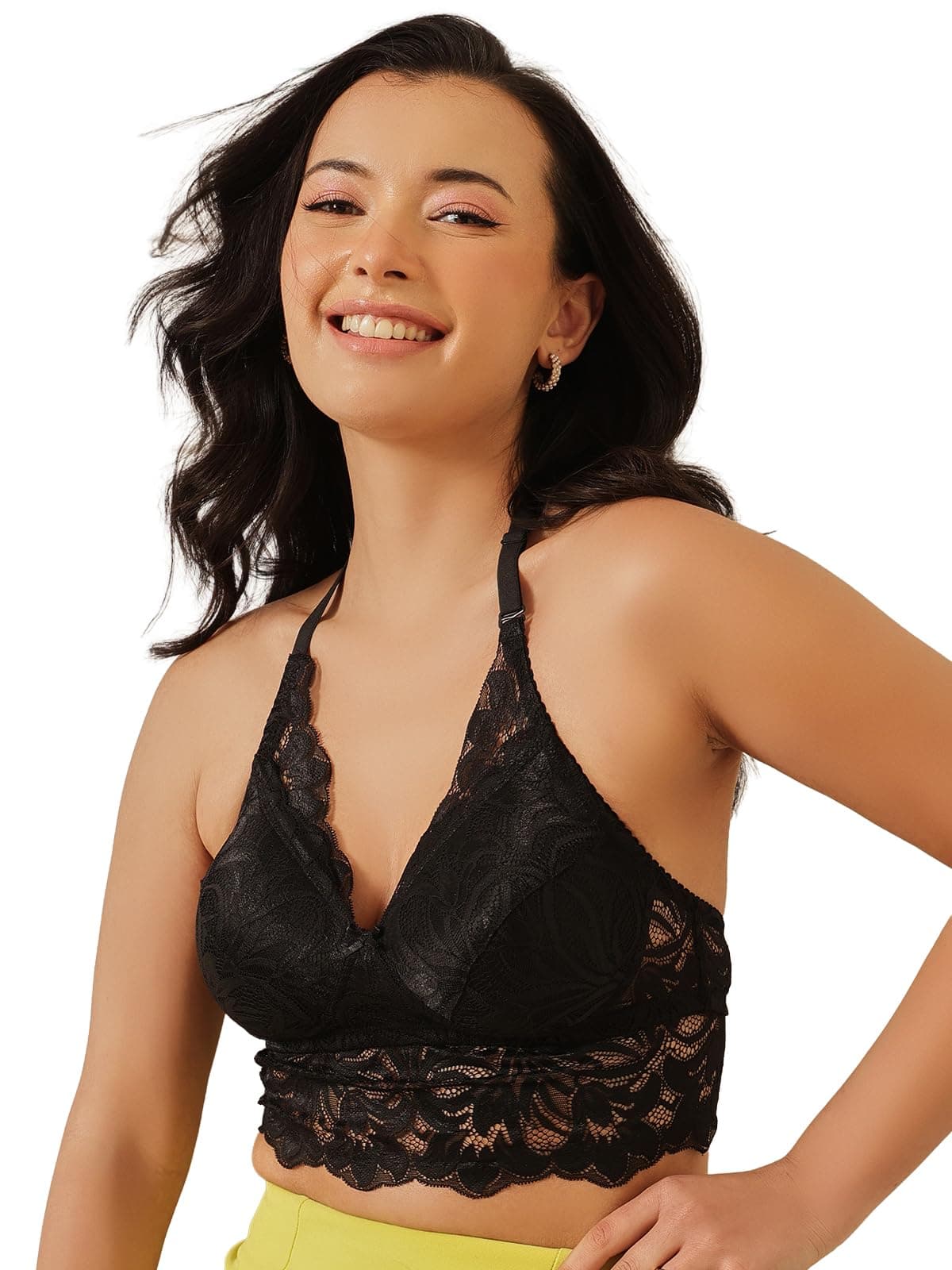Clovia Women's Net Padded Non-Wired Halter Neck Longline Bralette (BR1942P13_Black_40B)