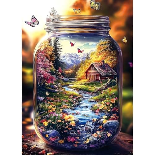 MINIWAN 1000 Piece Jigsaw Puzzle for Adults Enchanted Mountain Jar with Log Cabin Butterflies 275x197 Inch Unique Art Puzzle Challenging Hard Difficult Puzzles for Adults