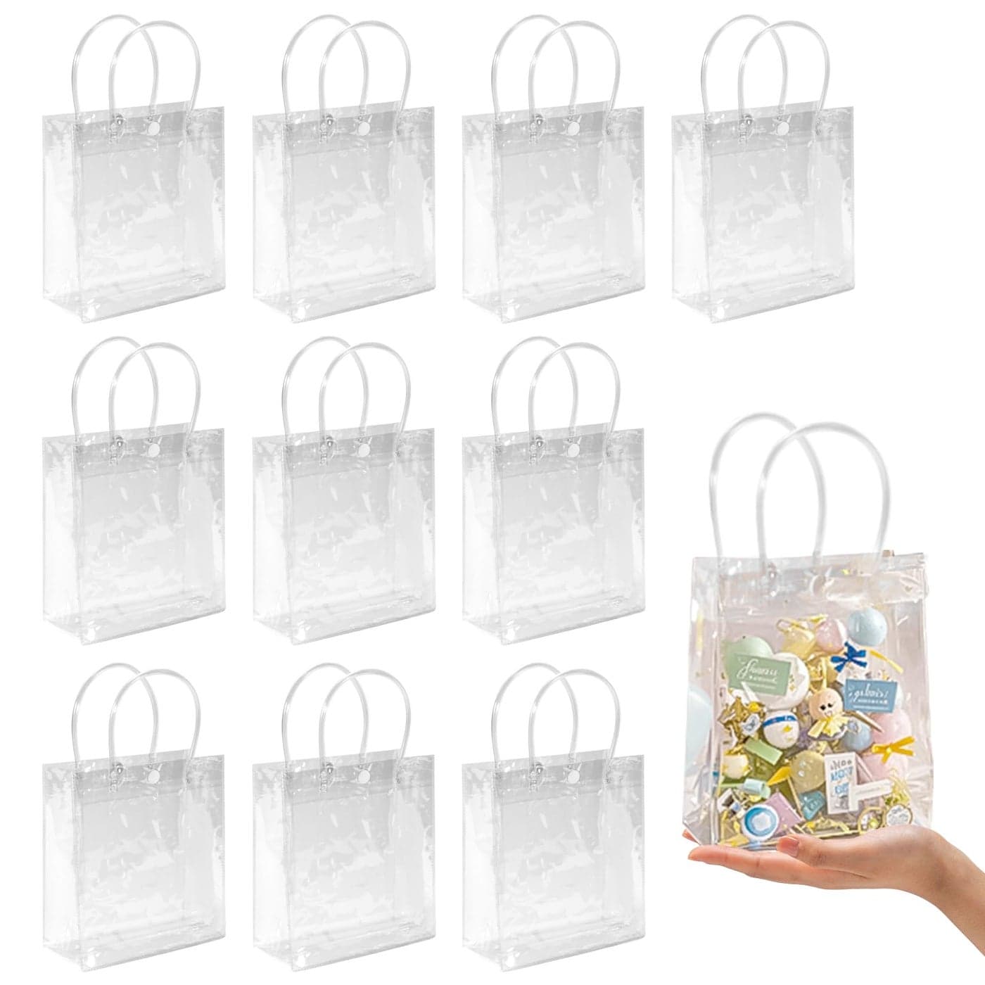 MAQIHAN Clear PVC Gift Bags with Handles 10PCS Mini Party Favor Bags Transparent Party Favour Plastic Gift Bag 59X629 Inches Tote Goodie Bag Bulk Pvc Plastic Bags with Handles for Gifts