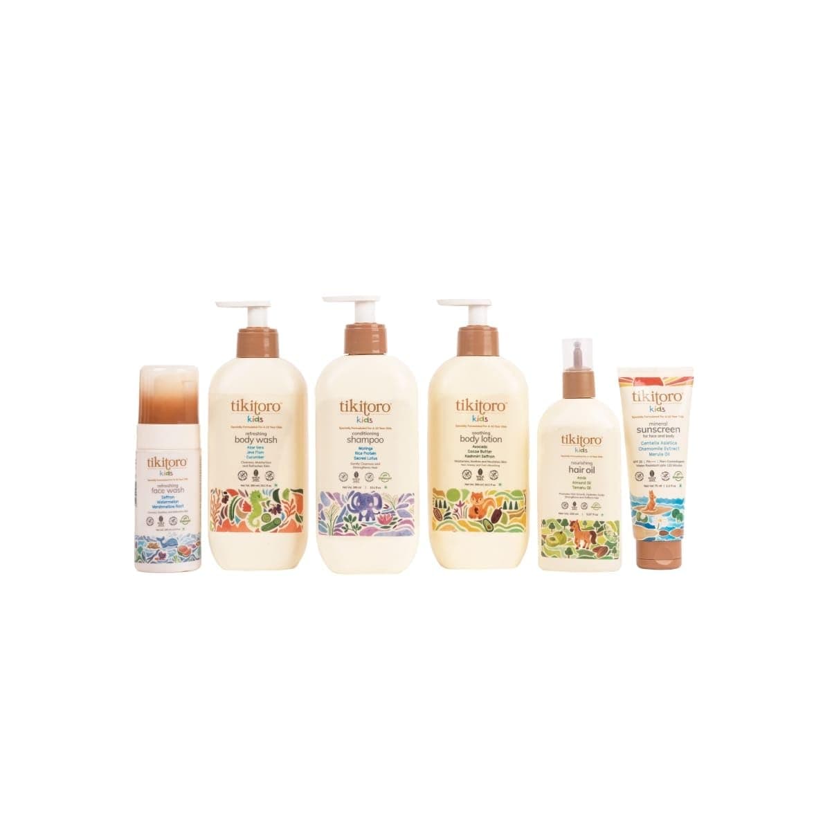 Tikitoro Kids Total Care Combo With Refreshing Body Wash Conditioning Shampoo Soothing Body Lotion Refreshing Face Wash Nourishing Hair Oil Mineral Sunscreen With SPF 30 Age 4 Pack of 6